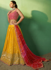 Designer Bandhani Print contrasting yellow pink georgette with sequence and embroidery lehenga | bollywood lehenga
